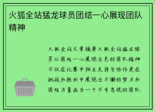 火狐全站猛龙球员团结一心展现团队精神